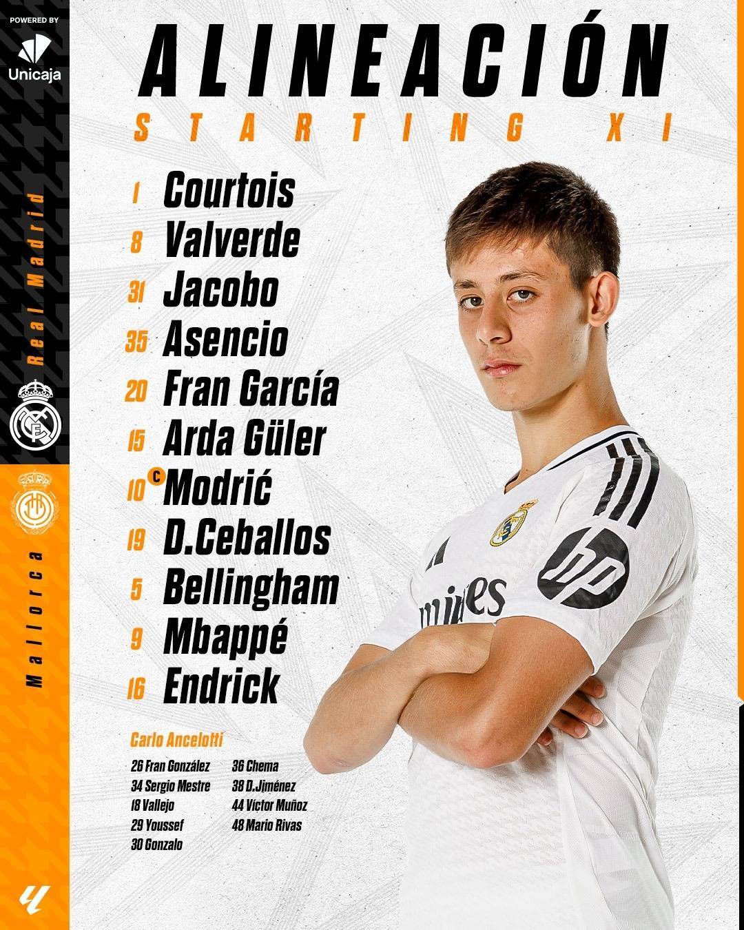 皇马提前公布vs马洛卡首发：姆巴佩、恩德里克、塞巴略斯出战