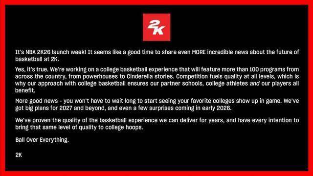 重返校园!2K官宣《大学篮球》游戏正开发中